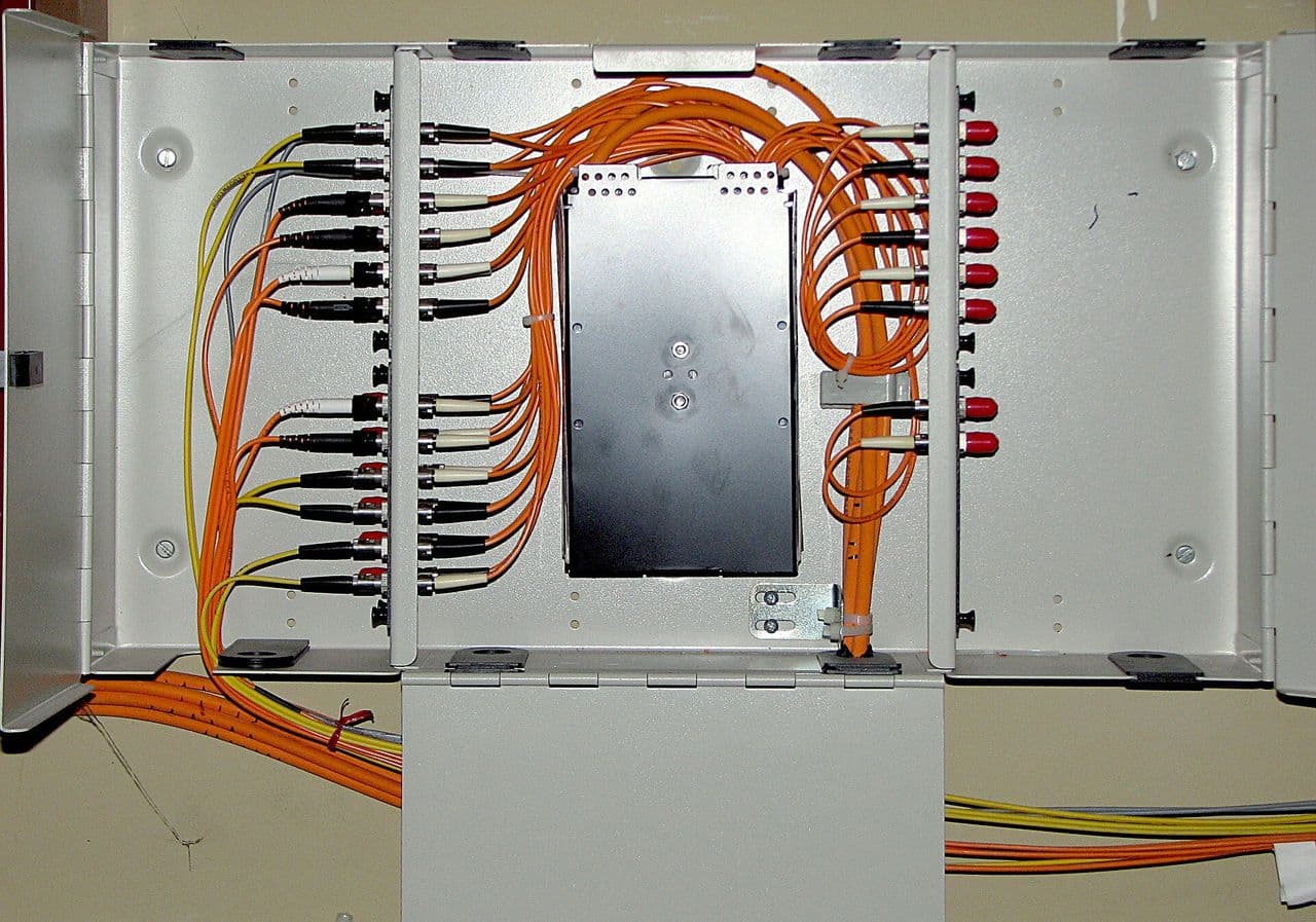 An optical distribution frame with orange fibre patch cords